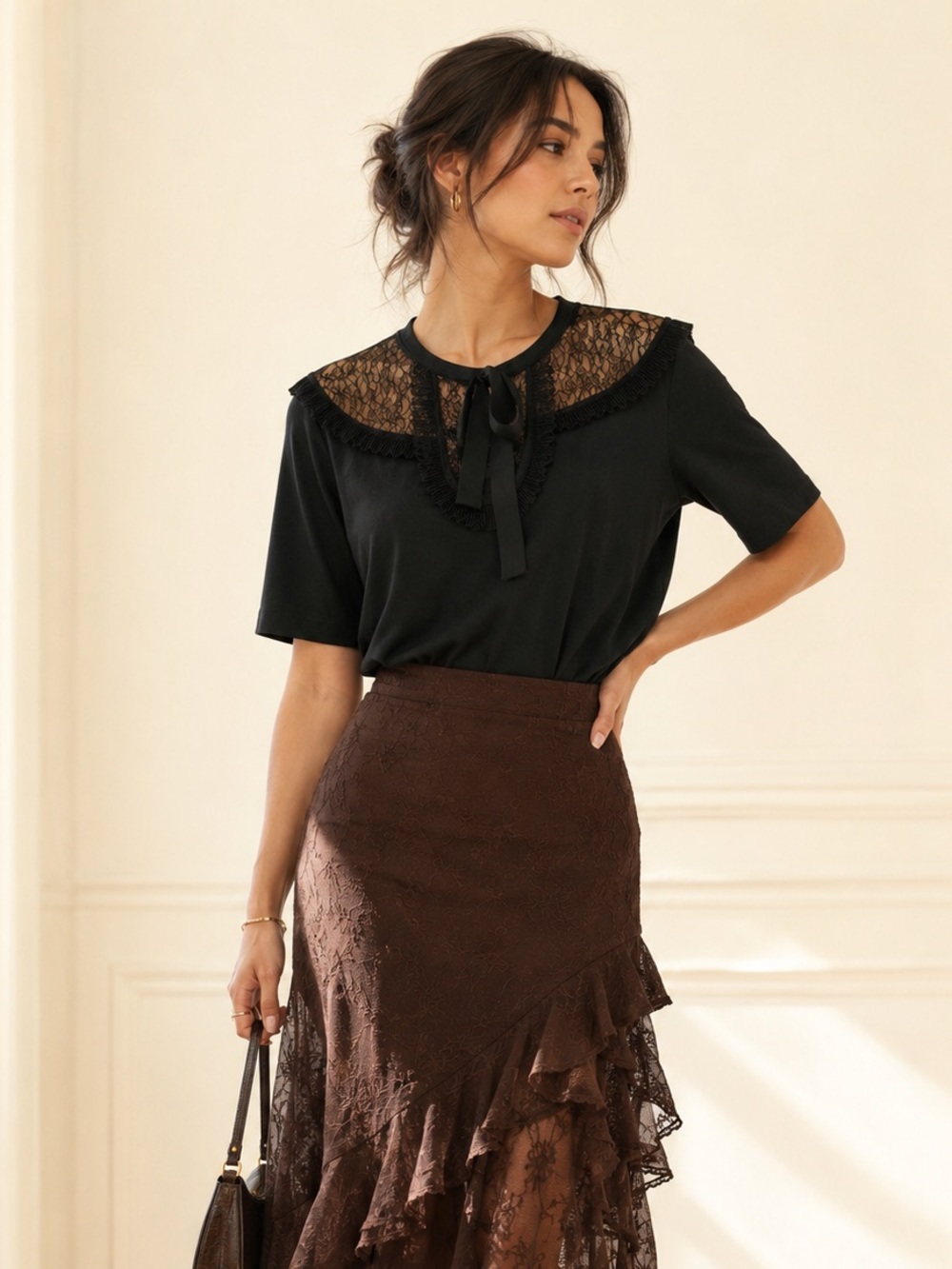 Sandro Paris Romantic Sheer Lace Ruffle Tie-Neck Blouse Black Sz 2 (sz M US)